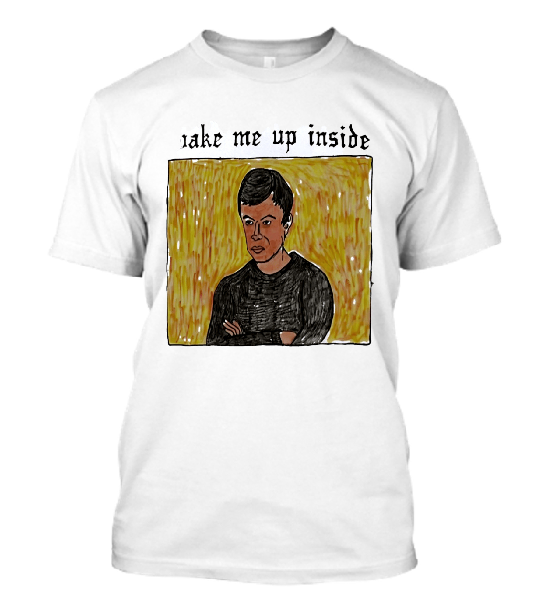The Rehearsal 2 Wake Me Up Inside Meme Illustration With Contemplative Character On Yellow T-Shirt