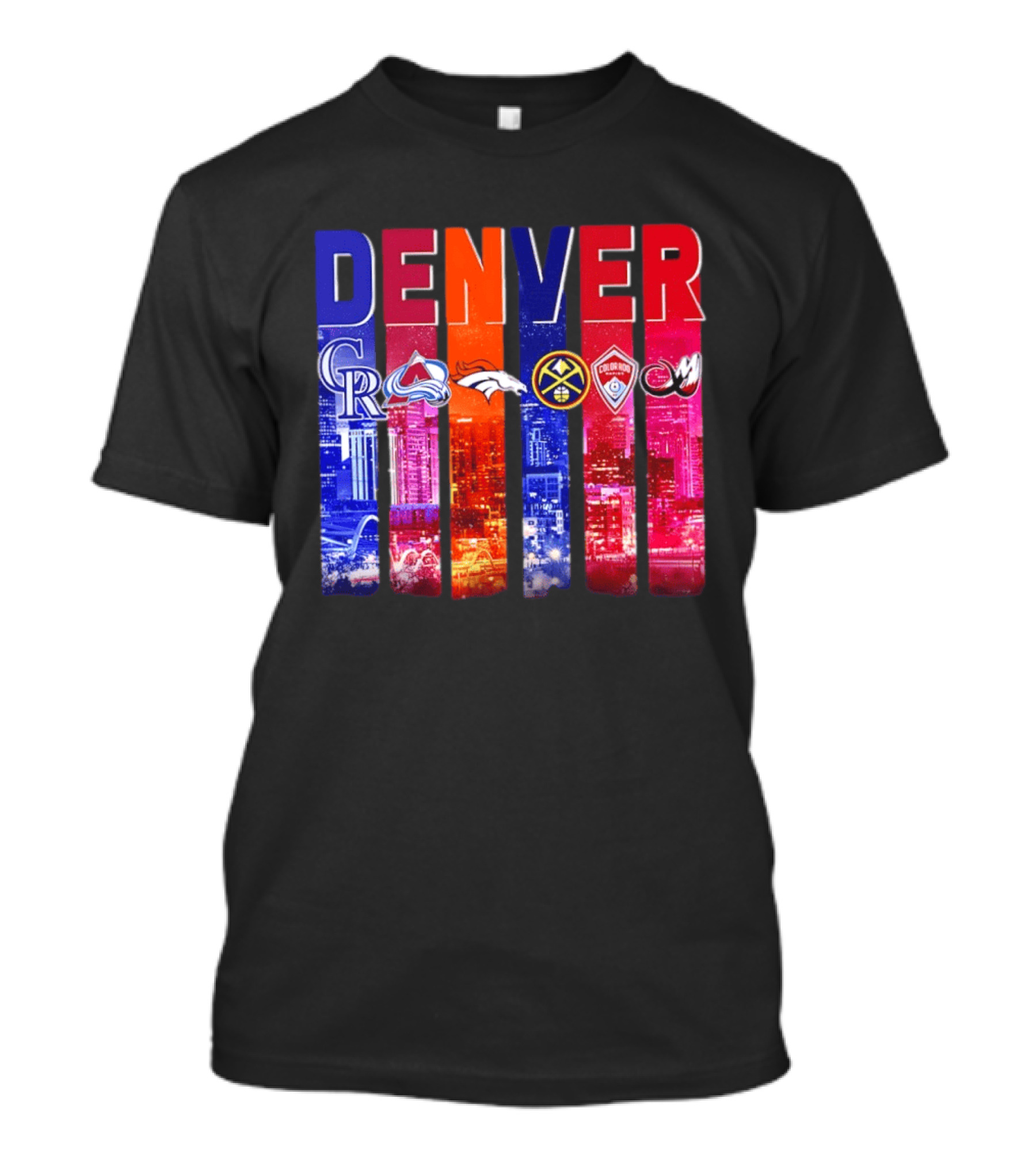 Denver City Skyline With Colorado Rockies Avalanche Broncos Nuggets Rapids Mammoth T-Shirt