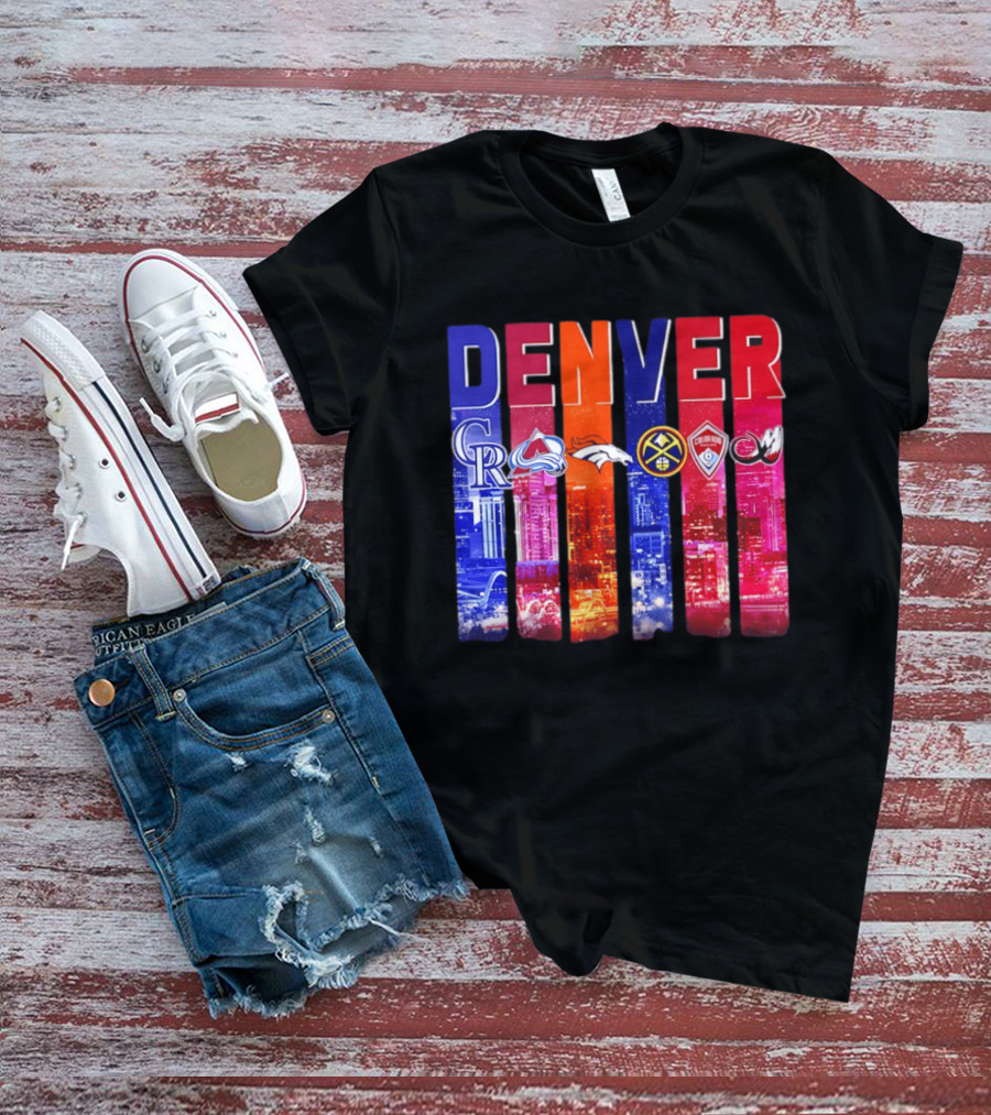 Denver City Skyline With Colorado Rockies Avalanche Broncos Nuggets Rapids Mammoth T-Shirt