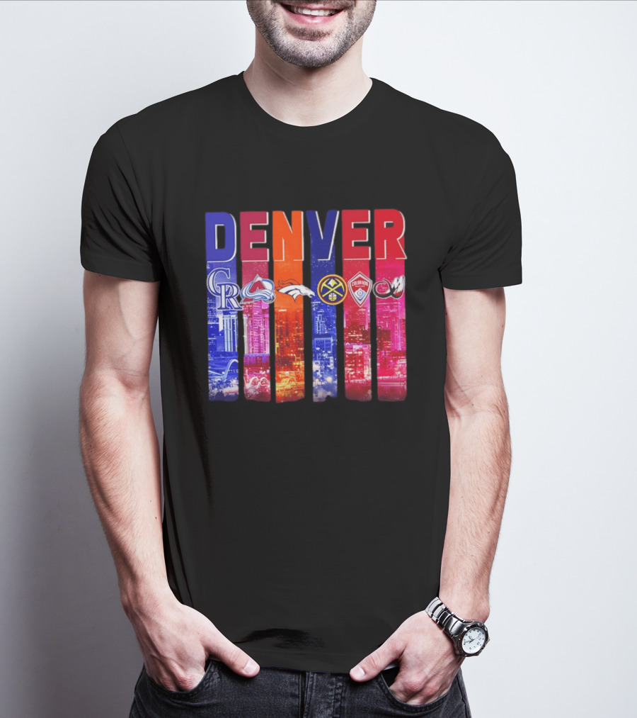 Denver City Skyline With Colorado Rockies Avalanche Broncos Nuggets Rapids Mammoth T-Shirt