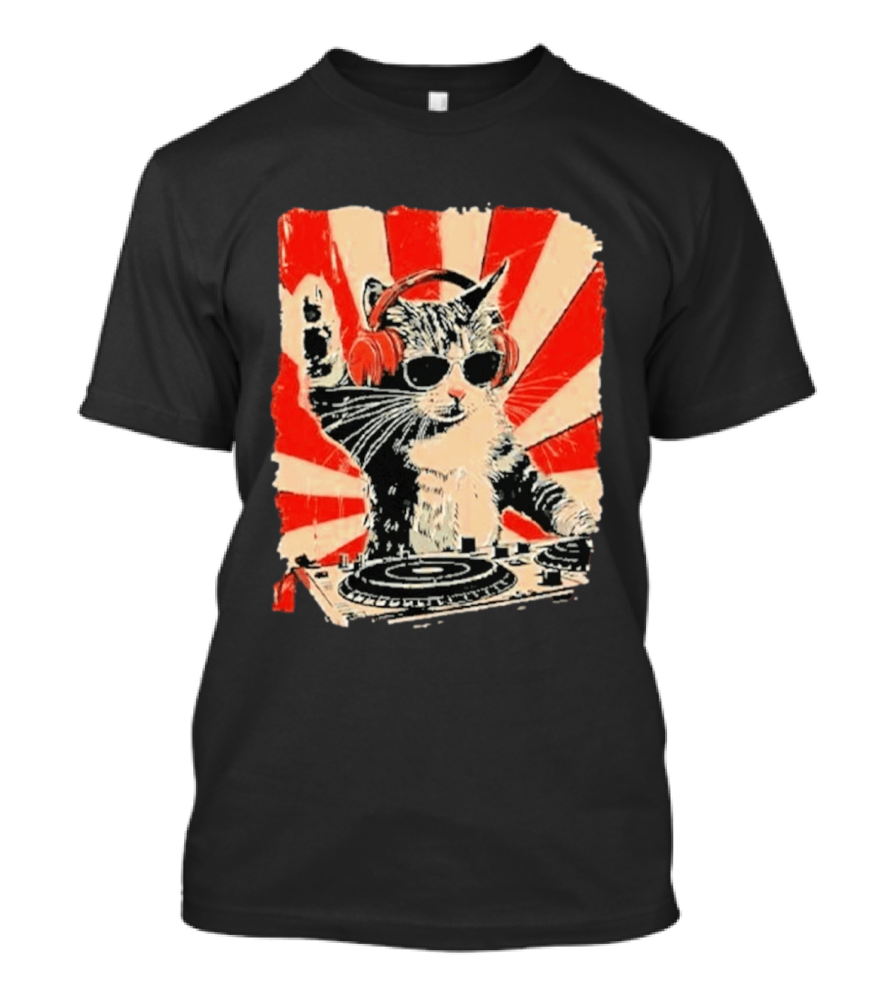 DJ Cat With Headphones Red Sunburst T-Shirt
