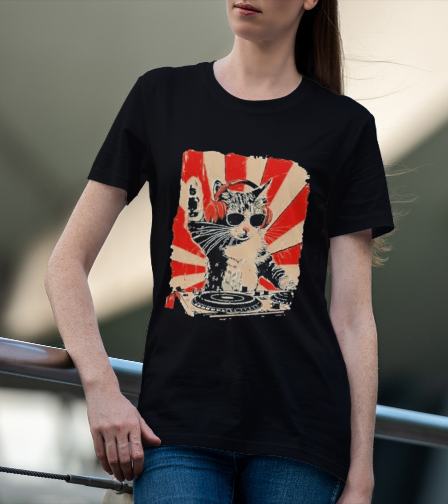 DJ Cat With Headphones Red Sunburst T-Shirt