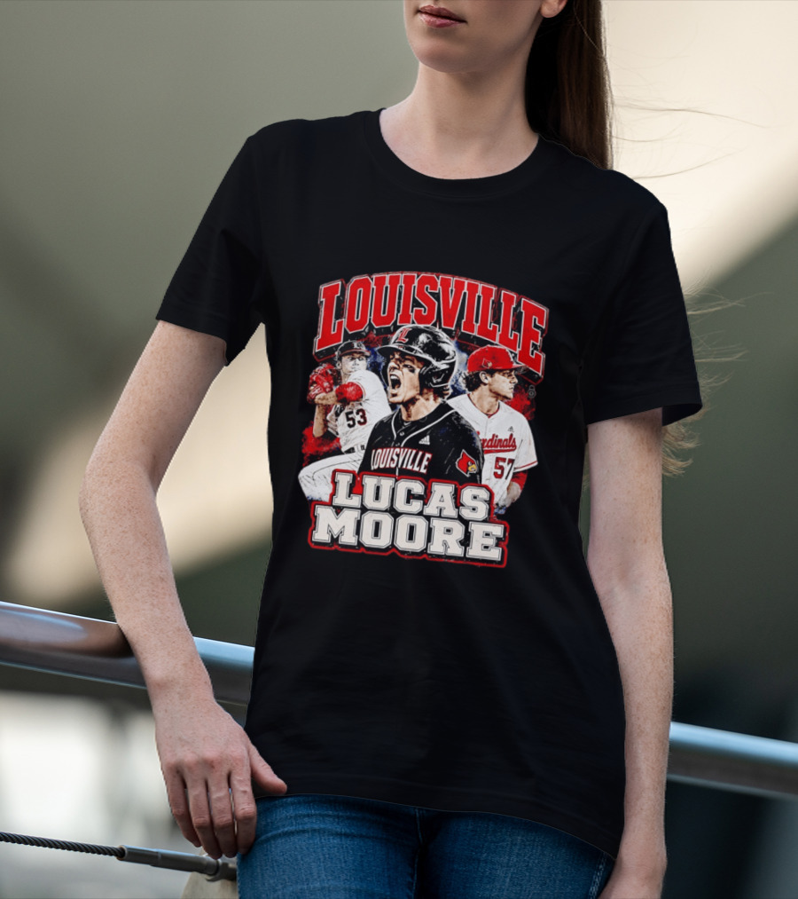 Lucas Moore Louisville Cardinals Baseball Players Dynamic Action T-Shirt