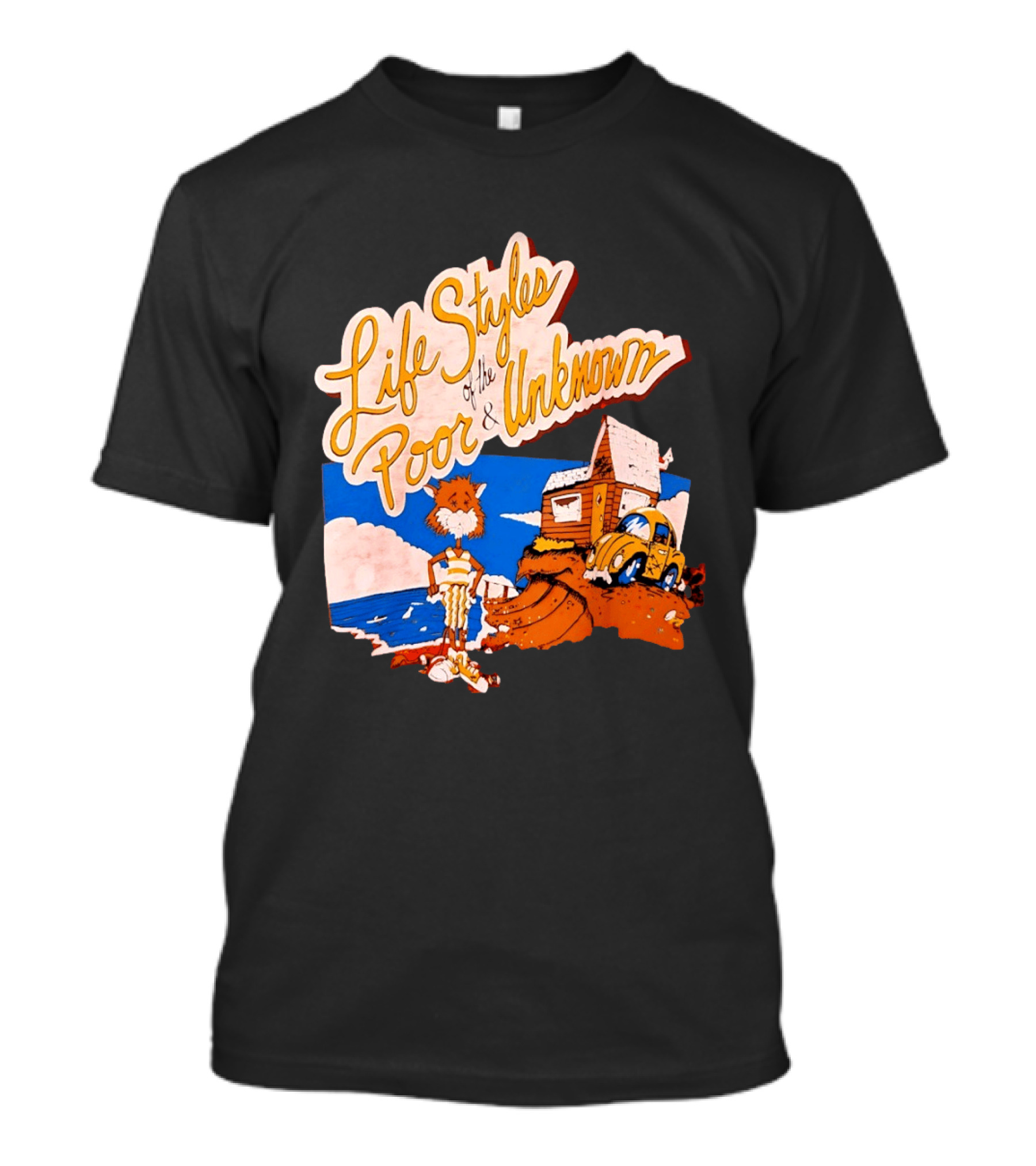 Life Styles Of The Poor And Unknown Cartoon Cat Beach Scene With House And Car T-Shirt