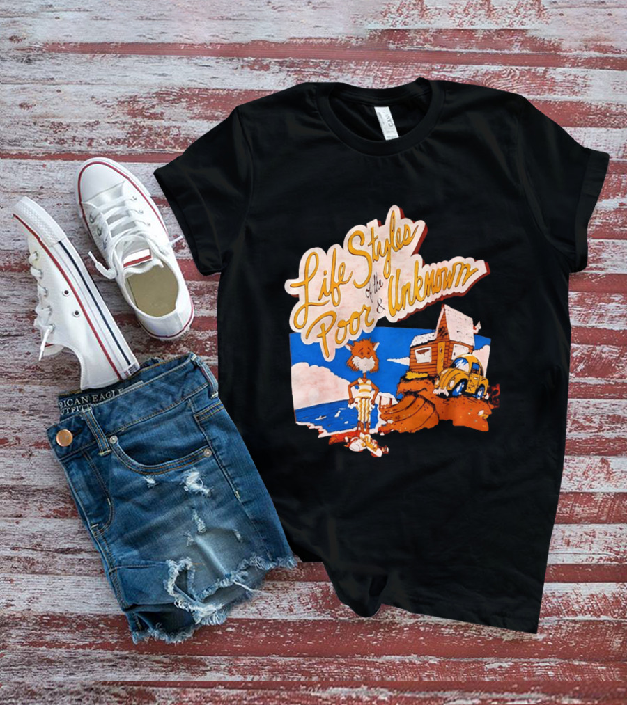 Life Styles Of The Poor And Unknown Cartoon Cat Beach Scene With House And Car T-Shirt