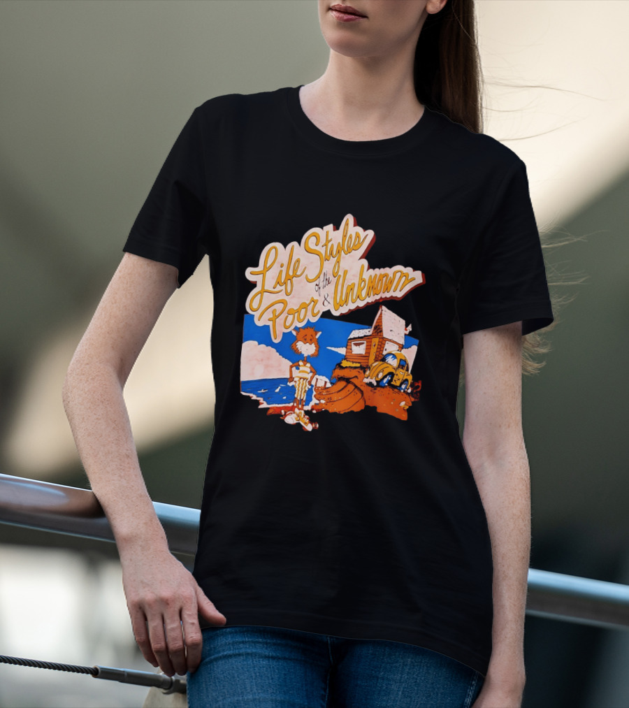 Life Styles Of The Poor And Unknown Cartoon Cat Beach Scene With House And Car T-Shirt