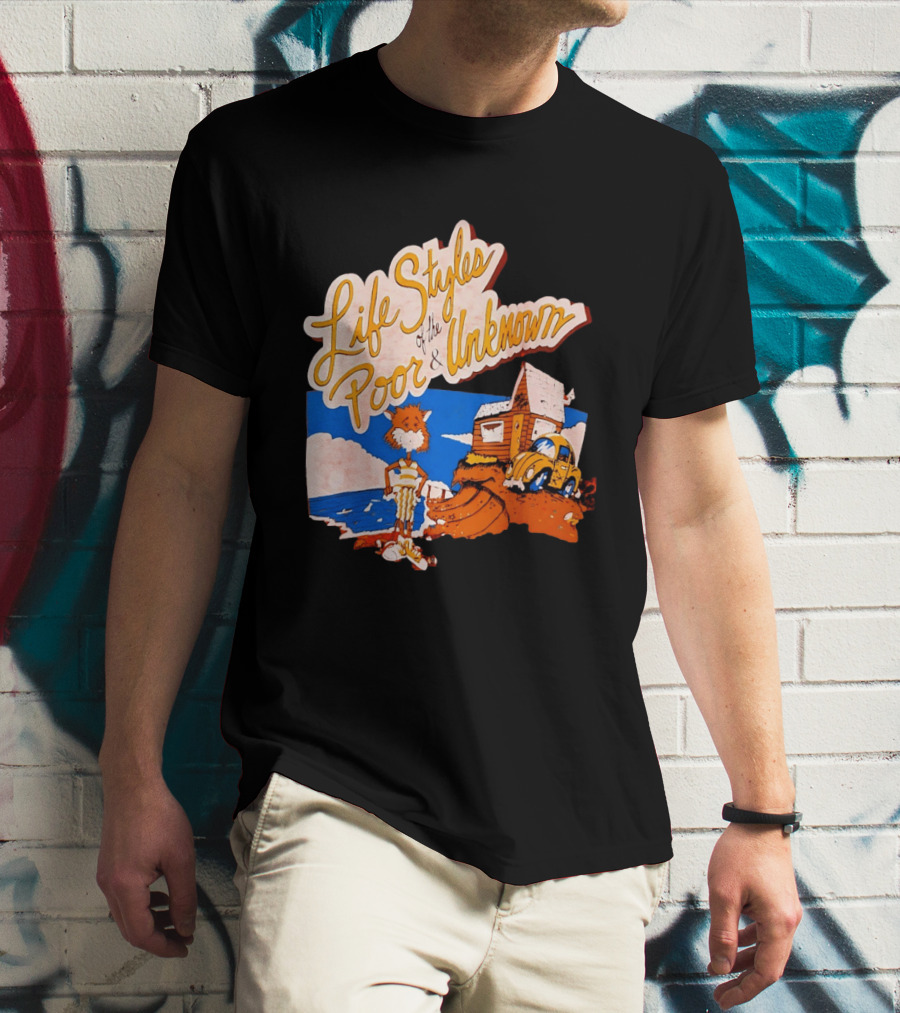 Life Styles Of The Poor And Unknown Cartoon Cat Beach Scene With House And Car T-Shirt