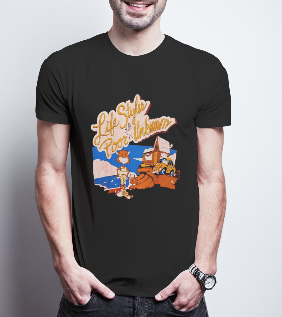 Life Styles Of The Poor And Unknown Cartoon Cat Beach Scene With House And Car T-Shirt