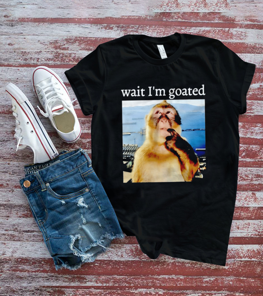 Wait I'm Goated Monkey Meme Coastal View Playful Expression T-Shirt