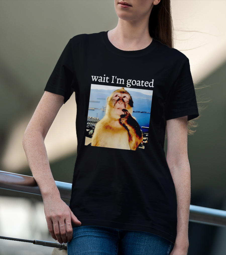 Wait I'm Goated Monkey Meme Coastal View Playful Expression T-Shirt