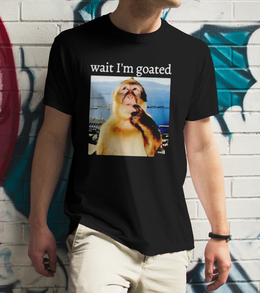 Wait I'm Goated Monkey Meme Coastal View Playful Expression T-Shirt