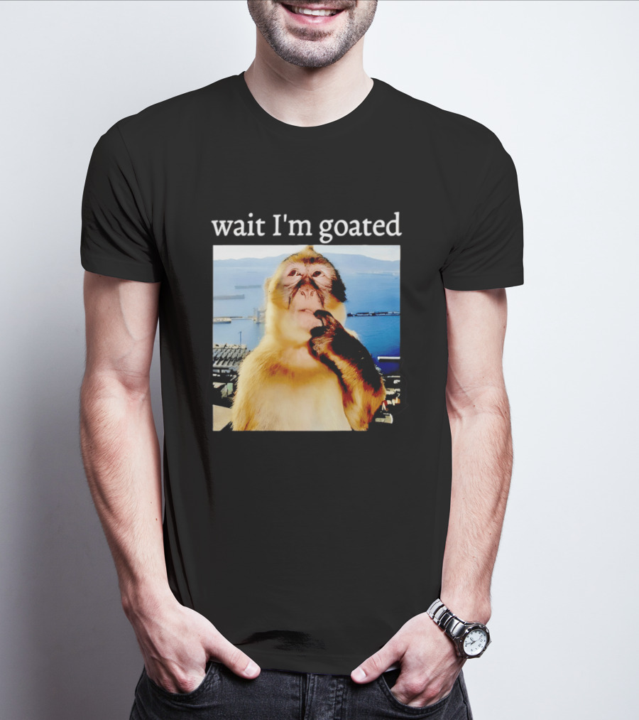 Wait I'm Goated Monkey Meme Coastal View Playful Expression T-Shirt