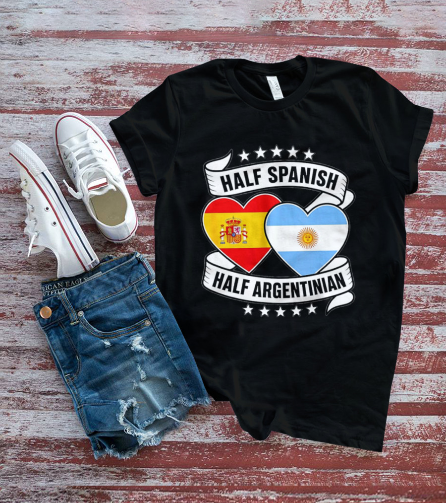 Half Spanish Half Argentinian Heart Flags Banner Star T-Shirt