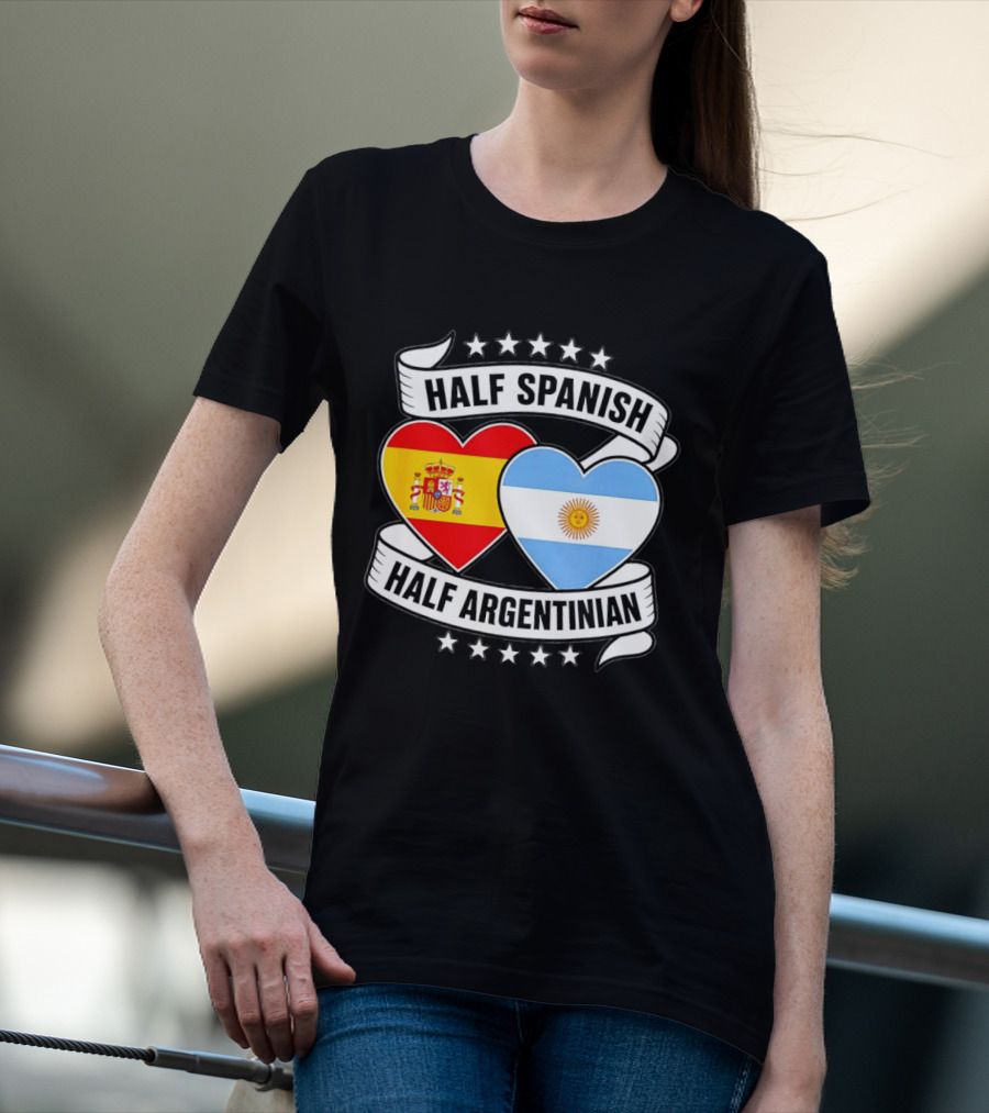 Half Spanish Half Argentinian Heart Flags Banner Star T-Shirt