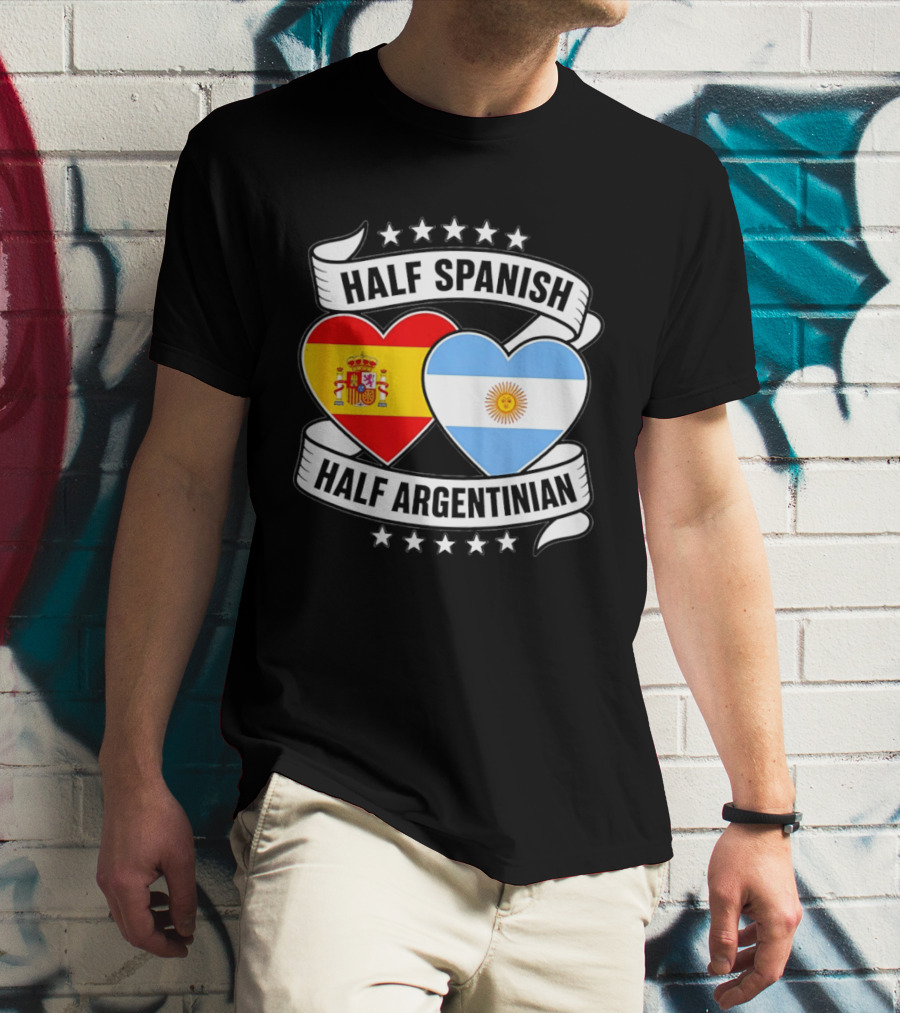 Half Spanish Half Argentinian Heart Flags Banner Star T-Shirt