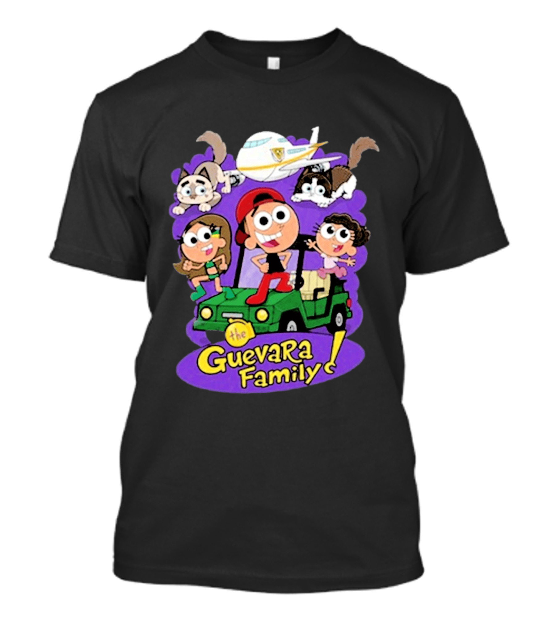 The Guevara Family Cartoon Adventure With Pets And Airplane T-Shirt