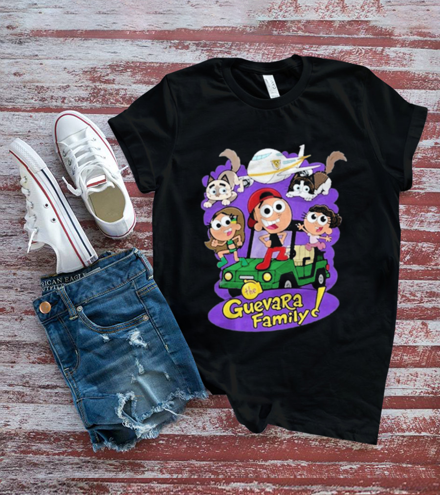 The Guevara Family Cartoon Adventure With Pets And Airplane T-Shirt