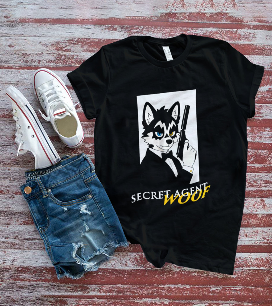 Secret Agent Woof Husky Tuxedo Spy Dog Holding Pistol Image T-Shirt
