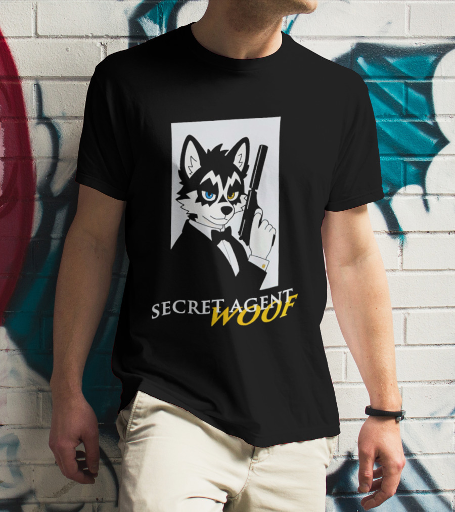 Secret Agent Woof Husky Tuxedo Spy Dog Holding Pistol Image T-Shirt