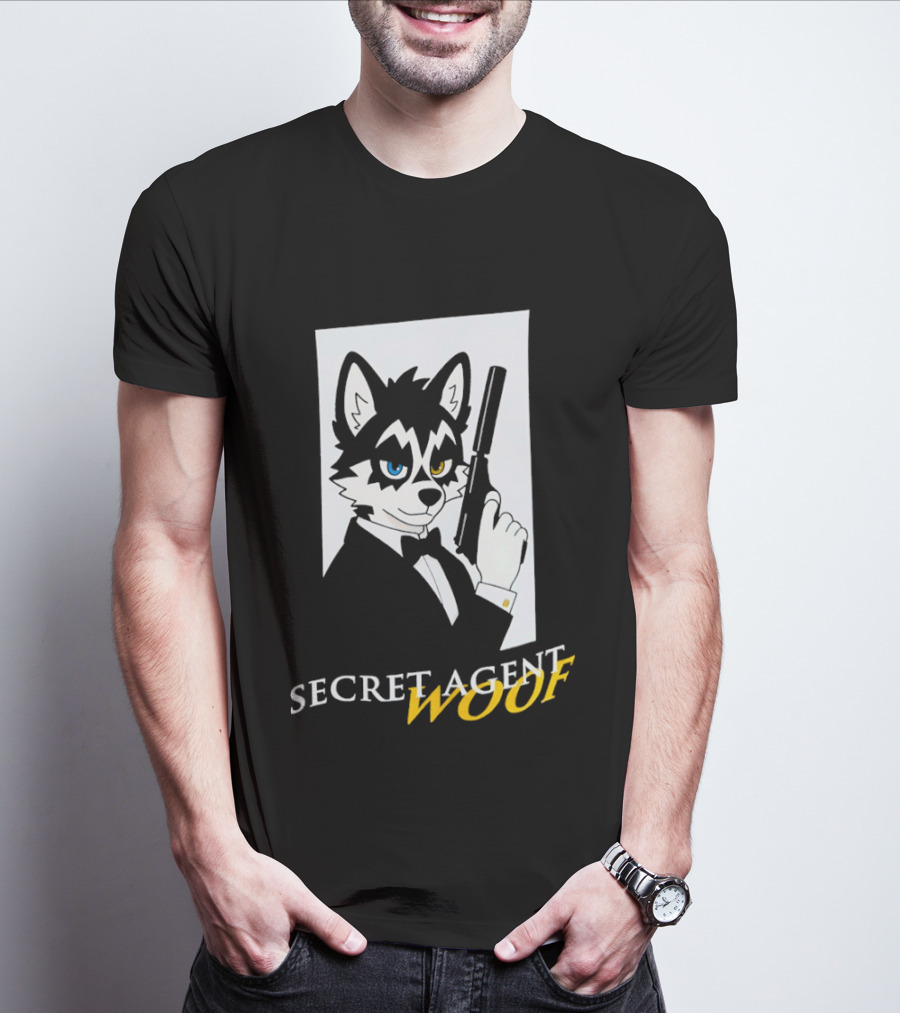 Secret Agent Woof Husky Tuxedo Spy Dog Holding Pistol Image T-Shirt