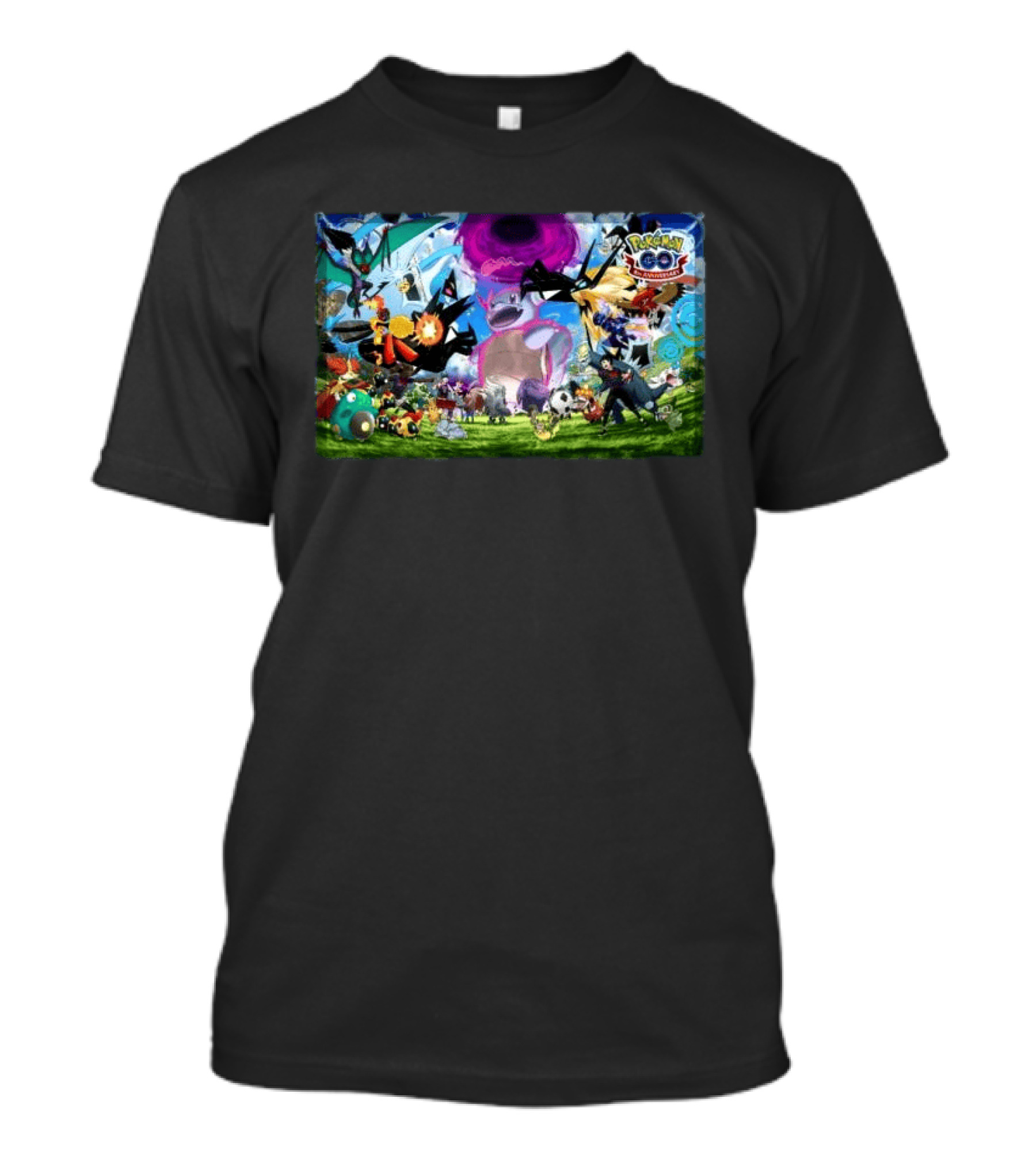 Pokémon GO 8th Anniversary Celebration Featuring Legendary And Mythical Creatures Battle Scene T-Shirt