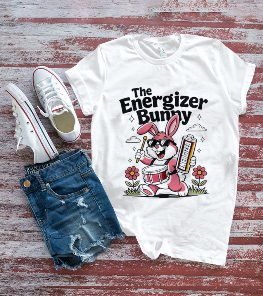The Energizer Bunny Playing Drum Cartoon Pink Rabbit Sunglasses Drumming With Battery And Flowers T-Shirt