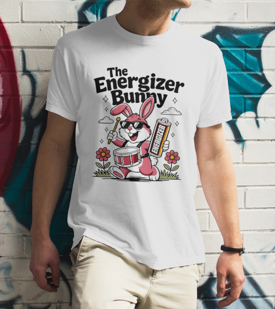 The Energizer Bunny Playing Drum Cartoon Pink Rabbit Sunglasses Drumming With Battery And Flowers T-Shirt