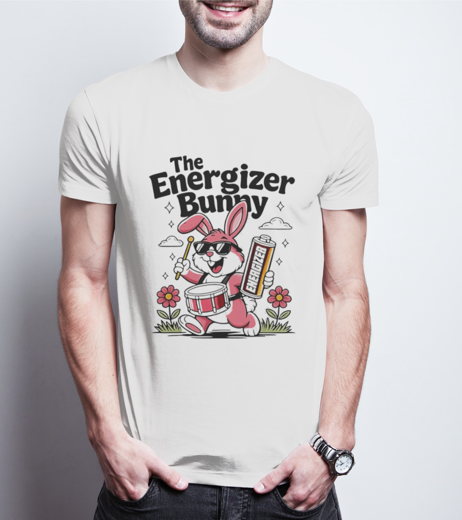 The Energizer Bunny Playing Drum Cartoon Pink Rabbit Sunglasses Drumming With Battery And Flowers T-Shirt
