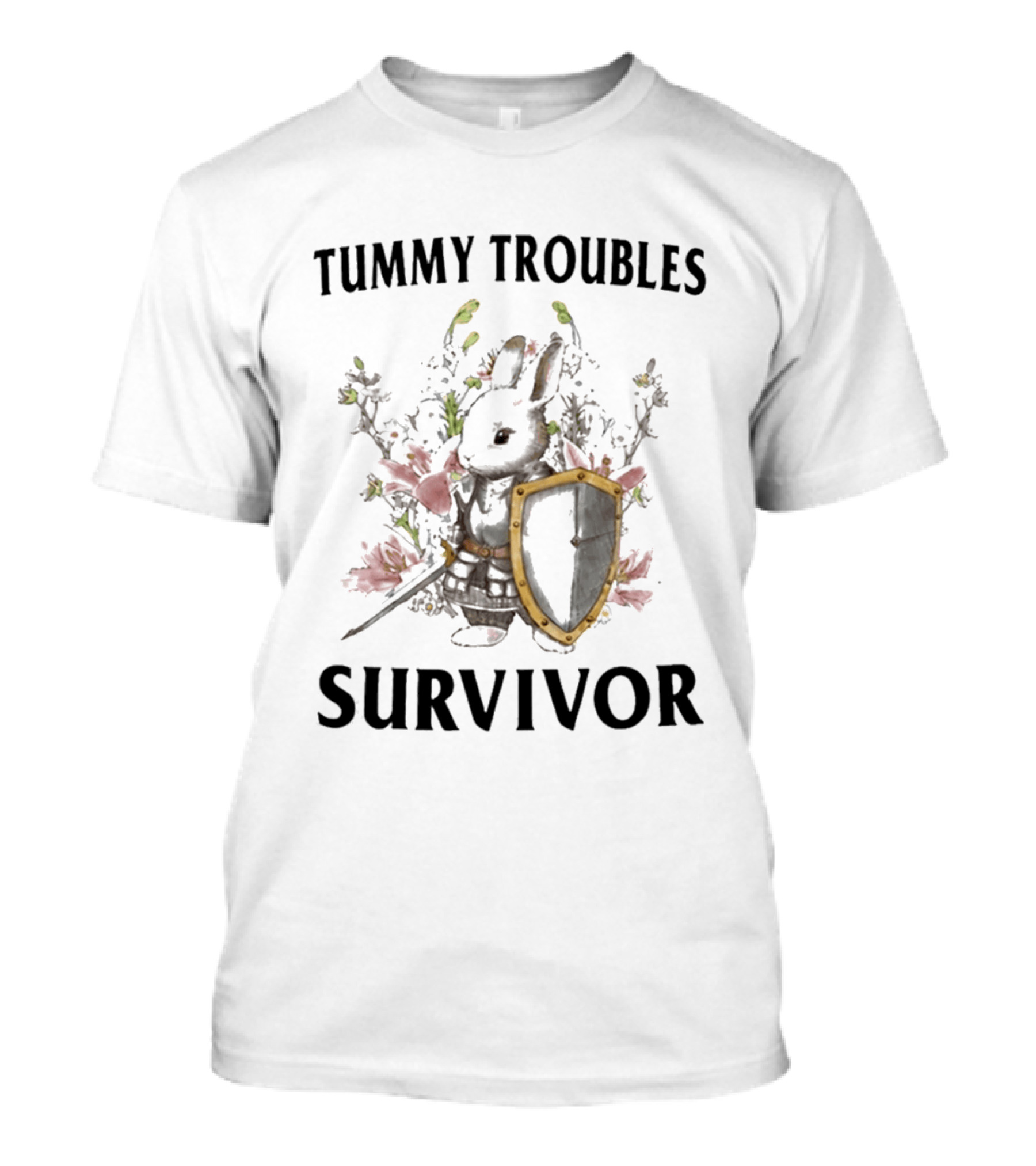 Tummy Troubles Survivor Bunny With Shield And Flowers T-Shirt