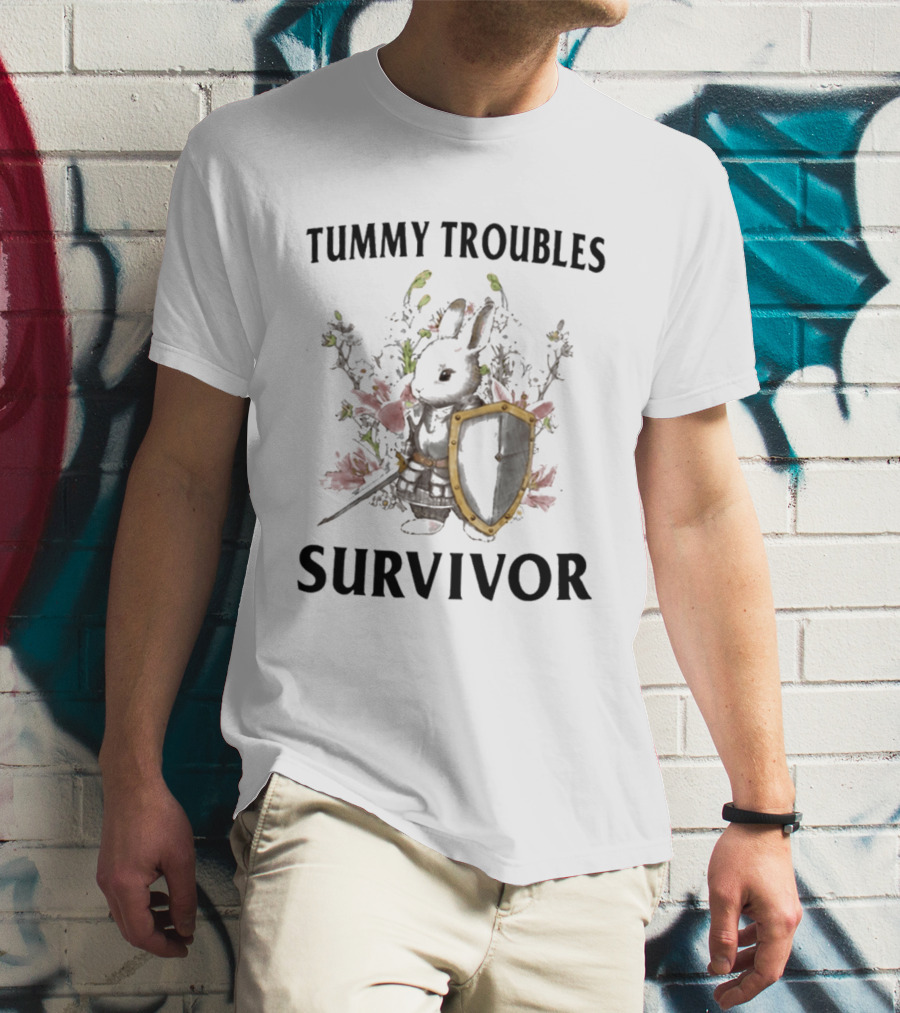 Tummy Troubles Survivor Bunny With Shield And Flowers T-Shirt