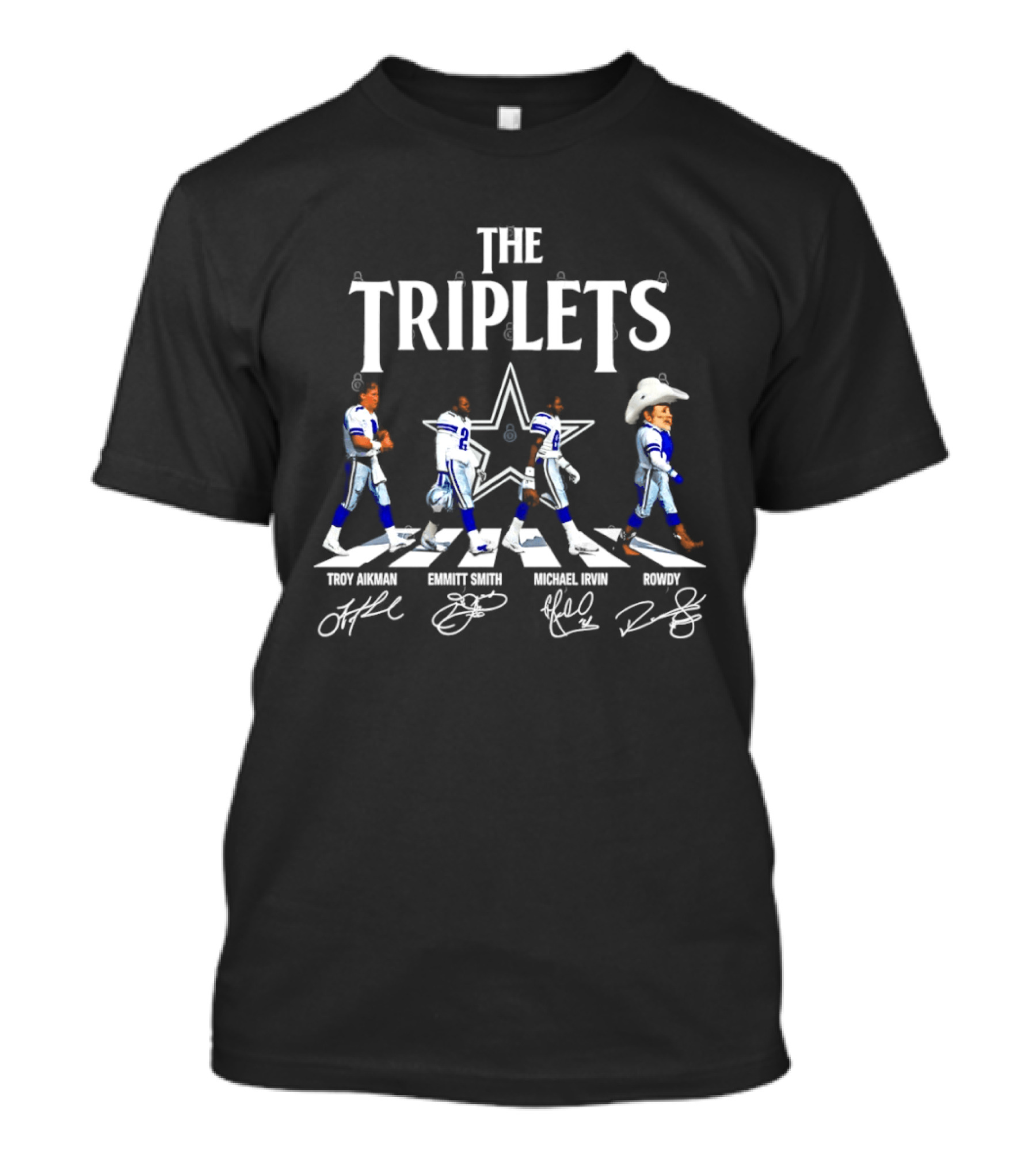 The Triplets Troy Aikman Emmitt Smith Michael Irvin Rowdy Star Signatures Cowboys Evolution T-Shirt
