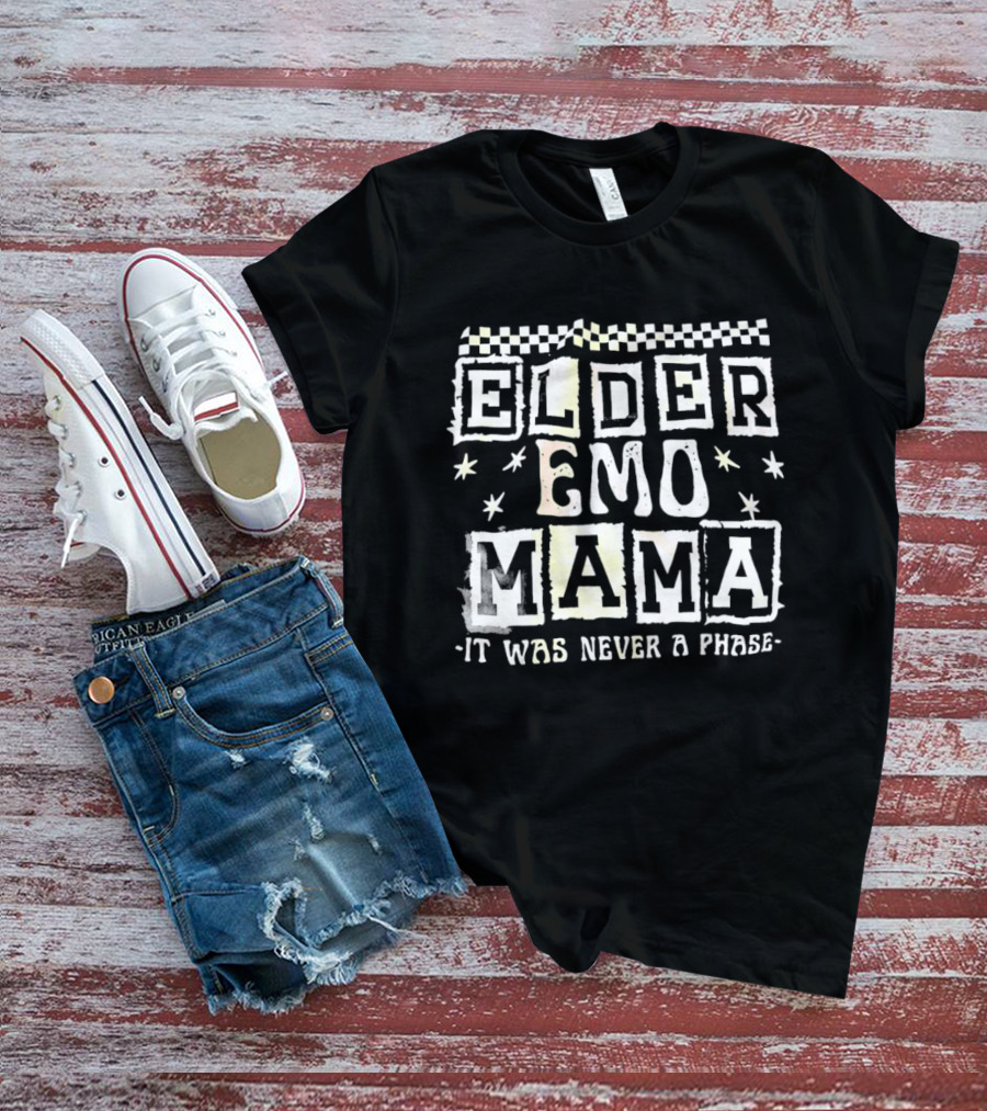 Elder Emo Mama It Was Never A Phase Vintage Retro Checkerboard Star Emo Font T-Shirt