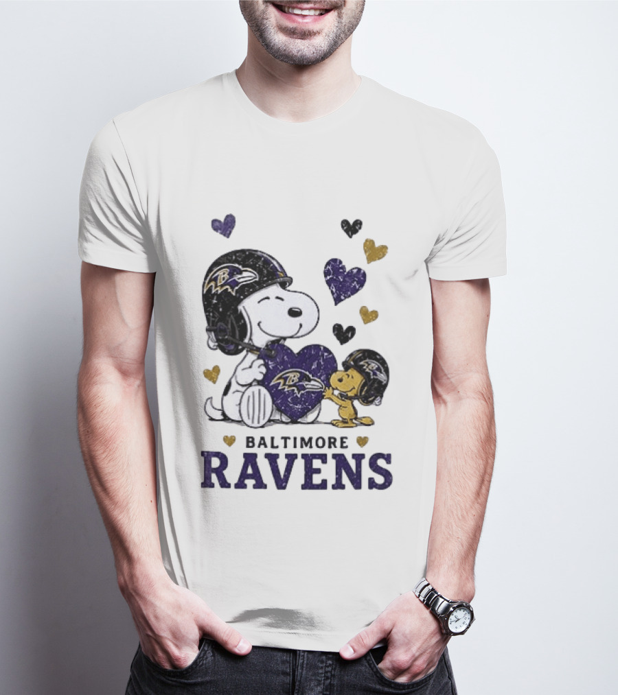 Baltimore Ravens Peanuts Snoopy Woodstock Love Laughter Hearts T-Shirt