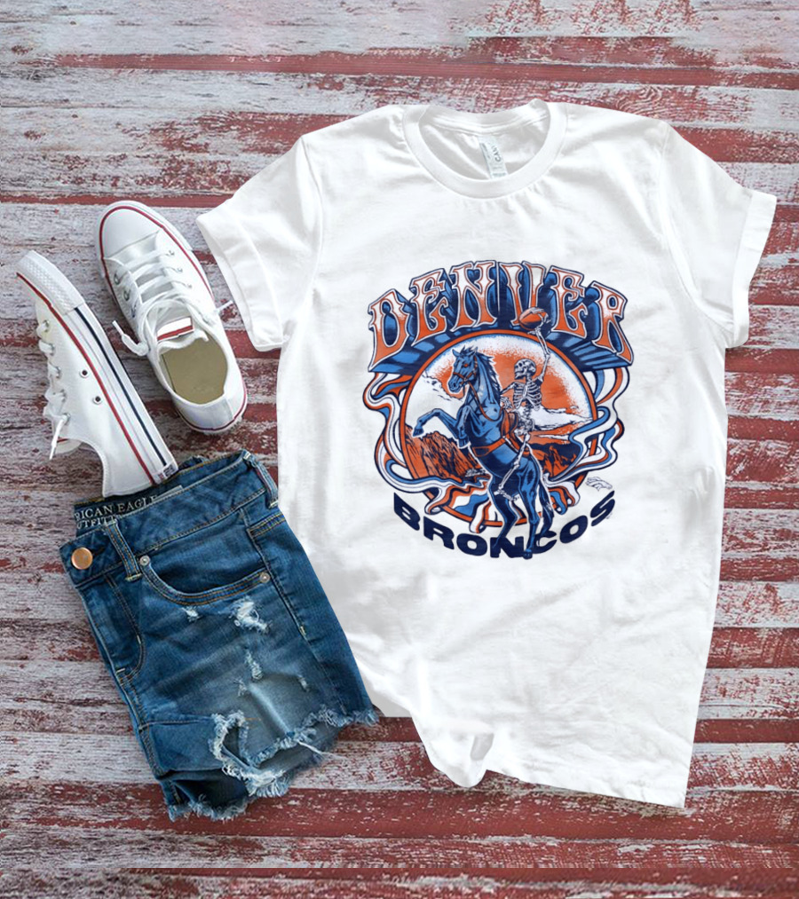 Denver Broncos Skeleton Horse Rider Football T-Shirt