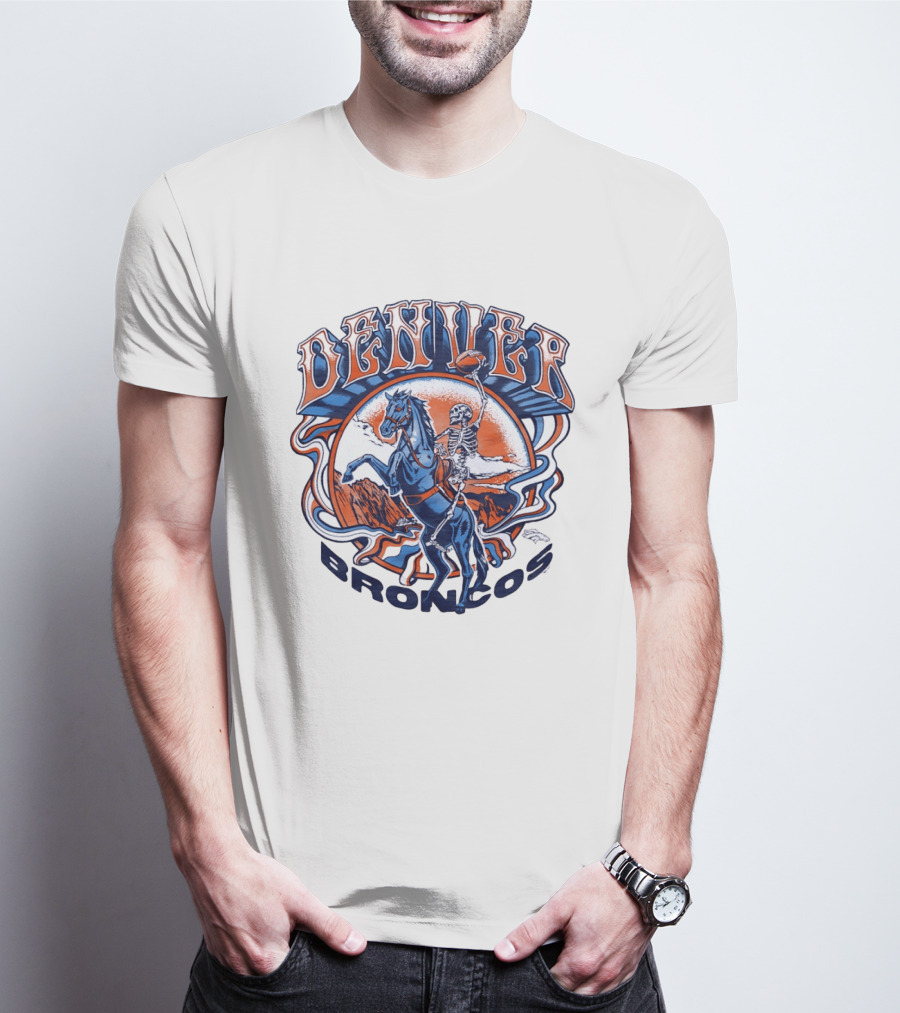 Denver Broncos Skeleton Horse Rider Football T-Shirt