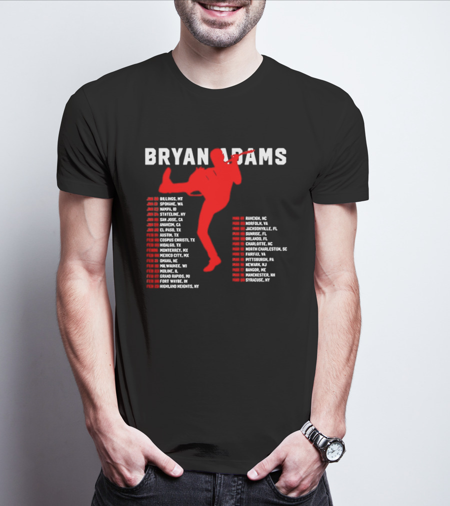 Bryan Adams Kicking Guitar With 2023 Tour Dates And Cities T-Shirt