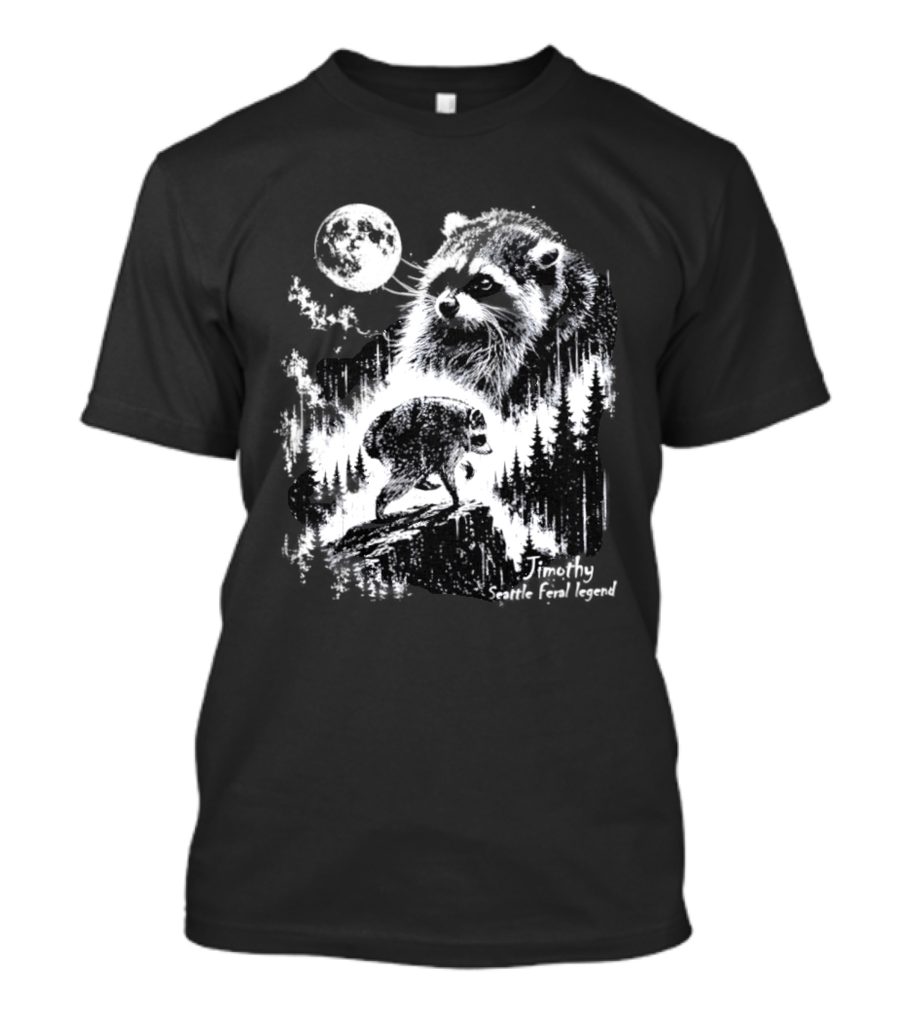 Jimothy Seattle Feral Legend Raccoon Moonlit Forest Wildlife Adventure T-Shirt