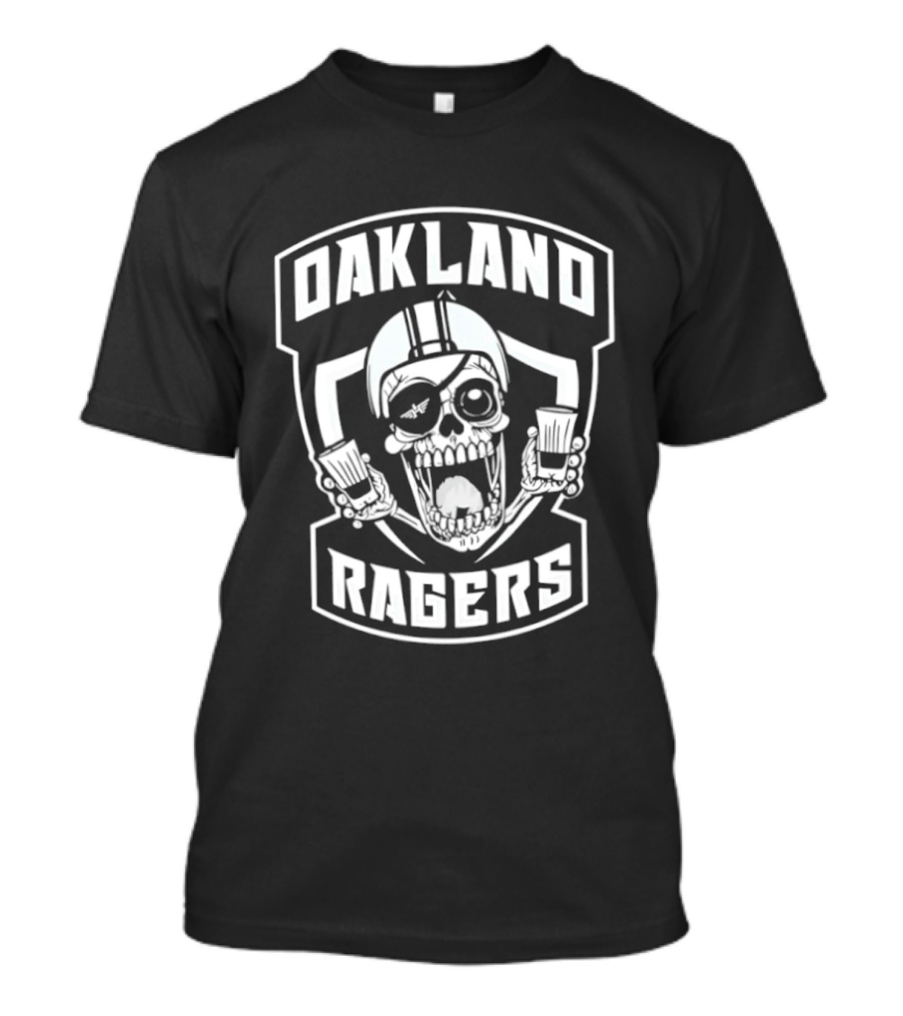 Oakland Ragers Skull With Eye Patch Holding Drinks T-Shirt