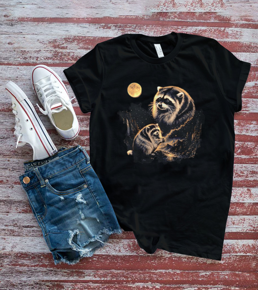 Raccoon And Moonlit Night Forest Wildlife Scene T-Shirt