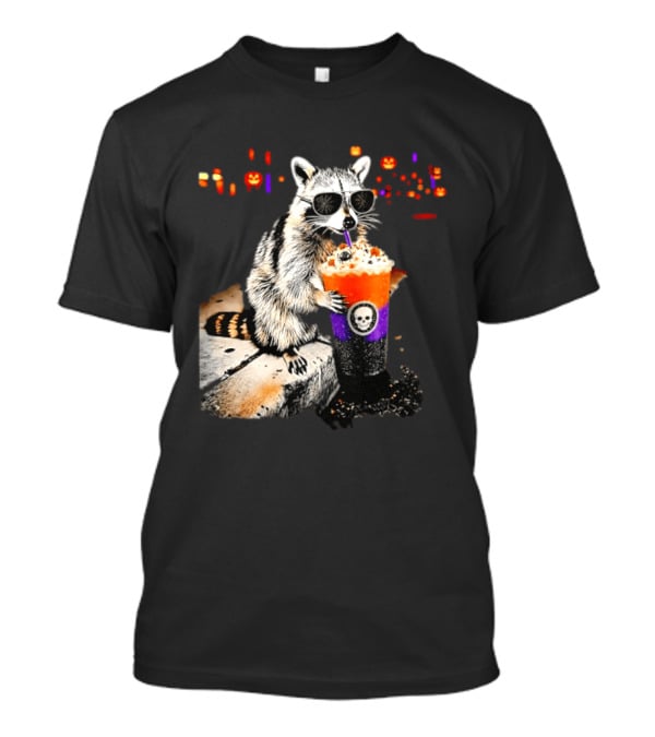 Raccoon With Sunglasses Enjoying Halloween Frappe With Skull Cup And Pumpkin T-Shirt
