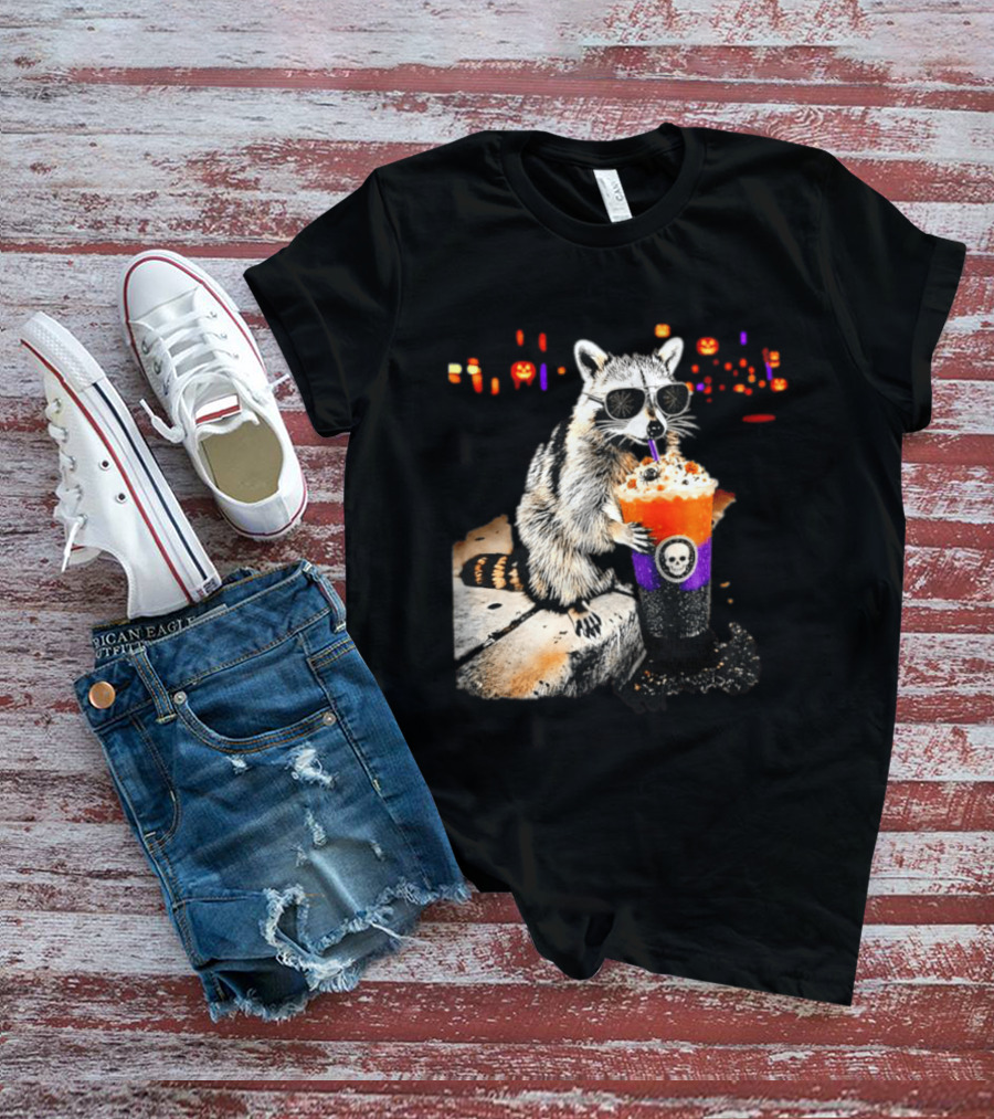 Raccoon With Sunglasses Enjoying Halloween Frappe With Skull Cup And Pumpkin T-Shirt