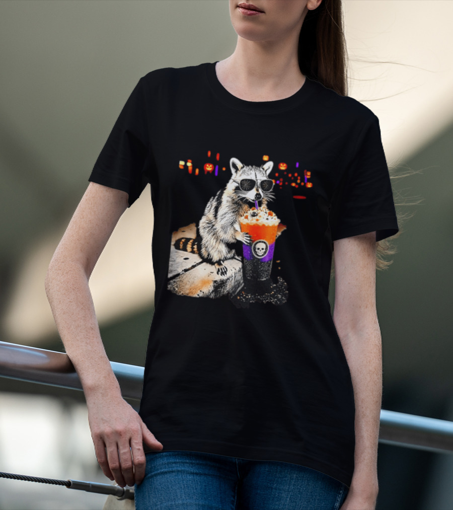 Raccoon With Sunglasses Enjoying Halloween Frappe With Skull Cup And Pumpkin T-Shirt