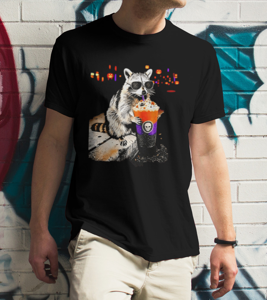 Raccoon With Sunglasses Enjoying Halloween Frappe With Skull Cup And Pumpkin T-Shirt