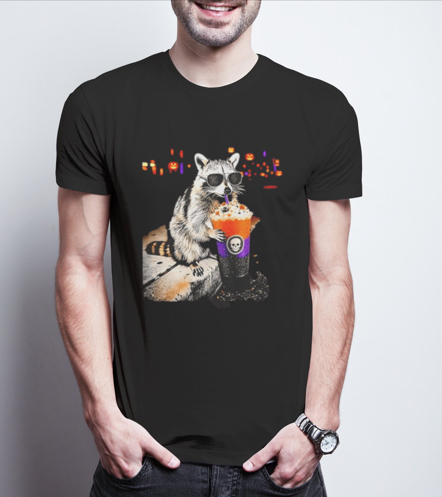 Raccoon With Sunglasses Enjoying Halloween Frappe With Skull Cup And Pumpkin T-Shirt
