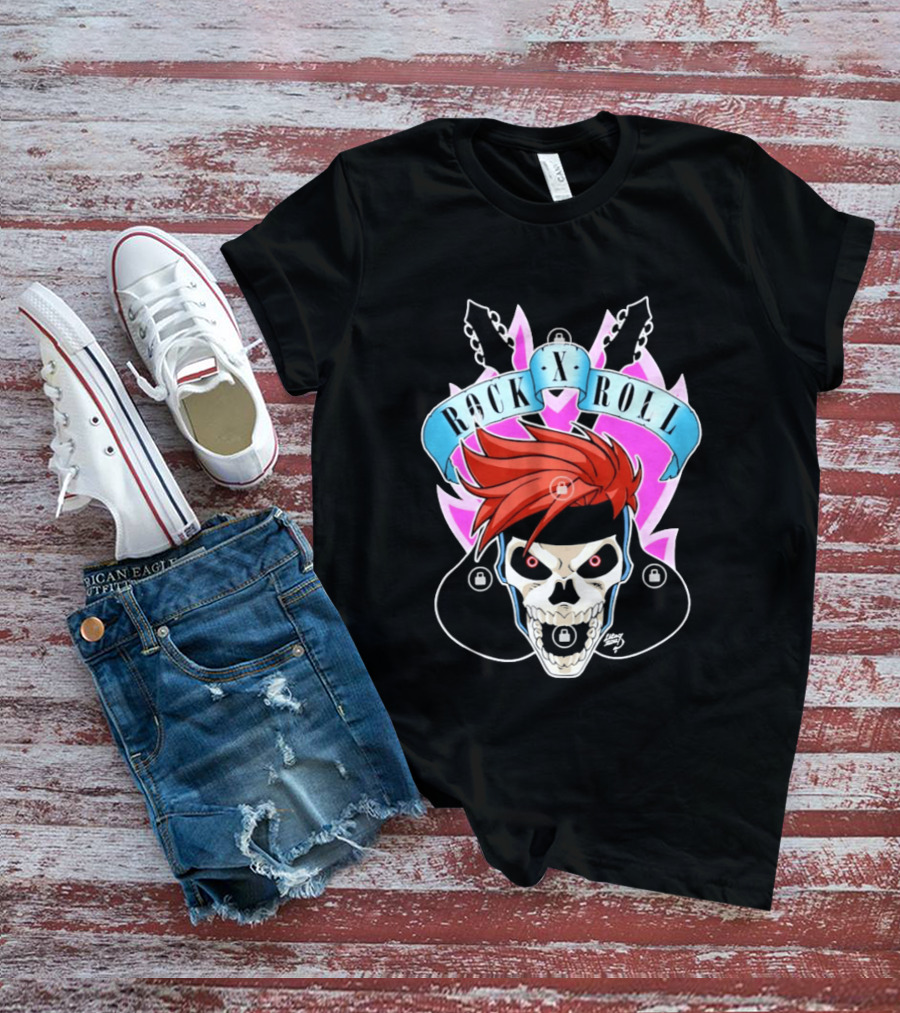 Rock X Roll Skull Electric Guitar Red Hair T-Shirt