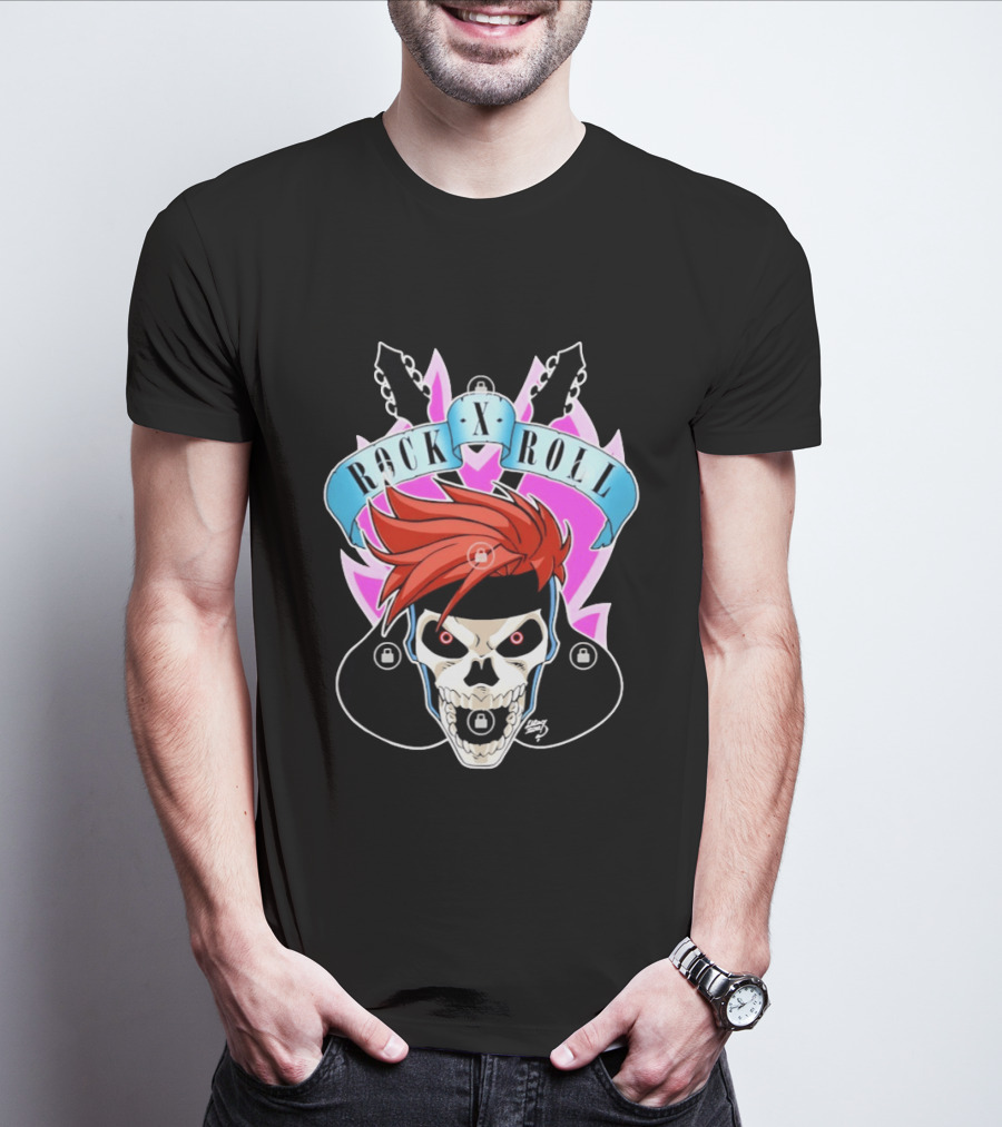 Rock X Roll Skull Electric Guitar Red Hair T-Shirt