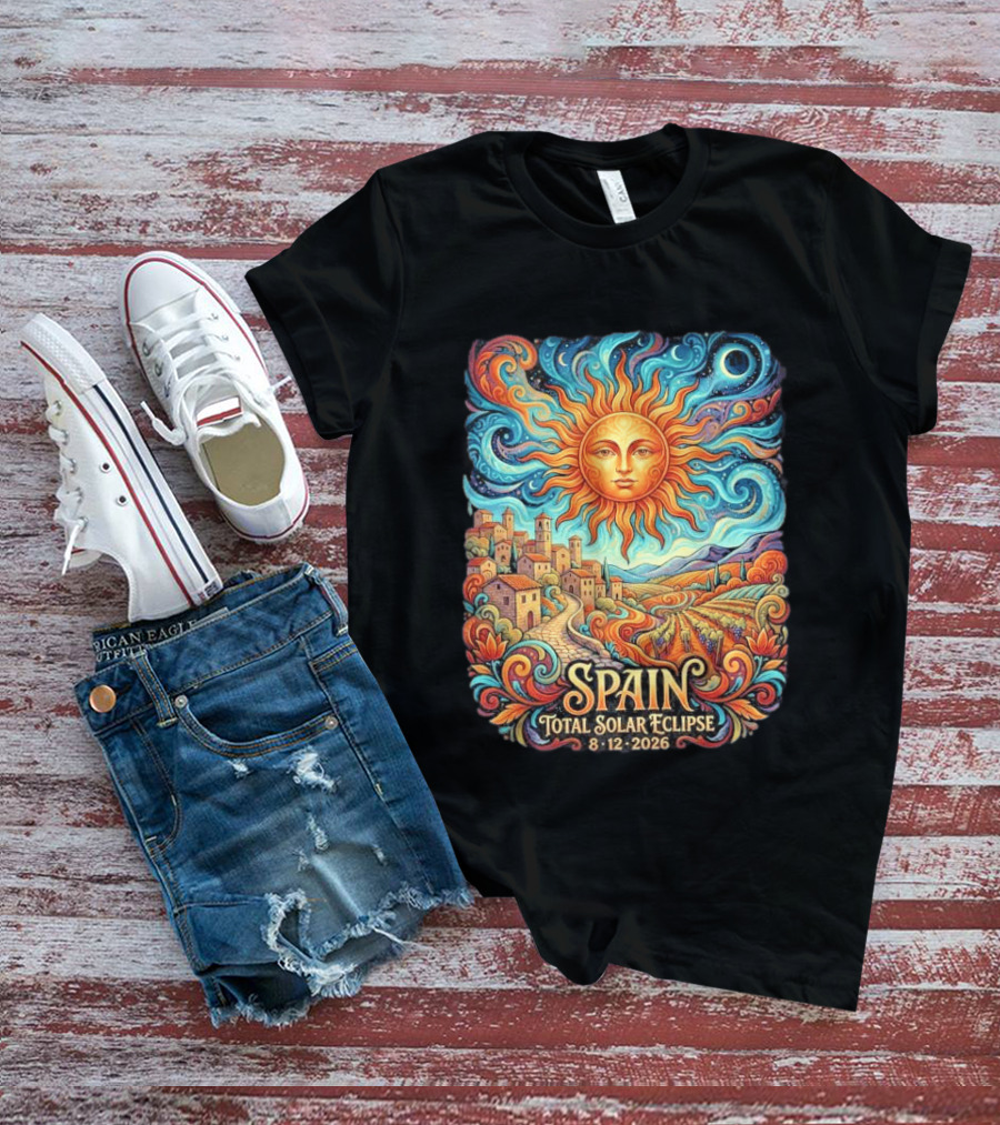 Spain Total Solar Eclipse 8 12 2026 Sun And Moon Celestial Village T-Shirt
