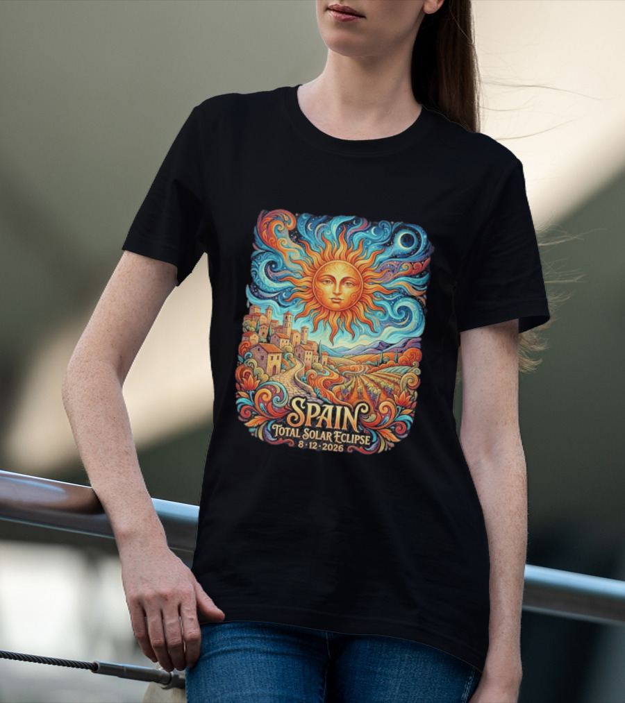 Spain Total Solar Eclipse 8 12 2026 Sun And Moon Celestial Village T-Shirt