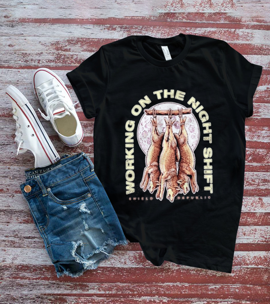 Working On The Night Shift Shield Republic Hanging Coyotes Full Moon T-Shirt
