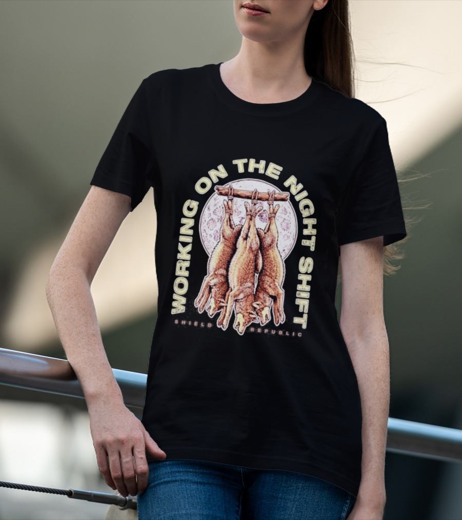 Working On The Night Shift Shield Republic Hanging Coyotes Full Moon T-Shirt
